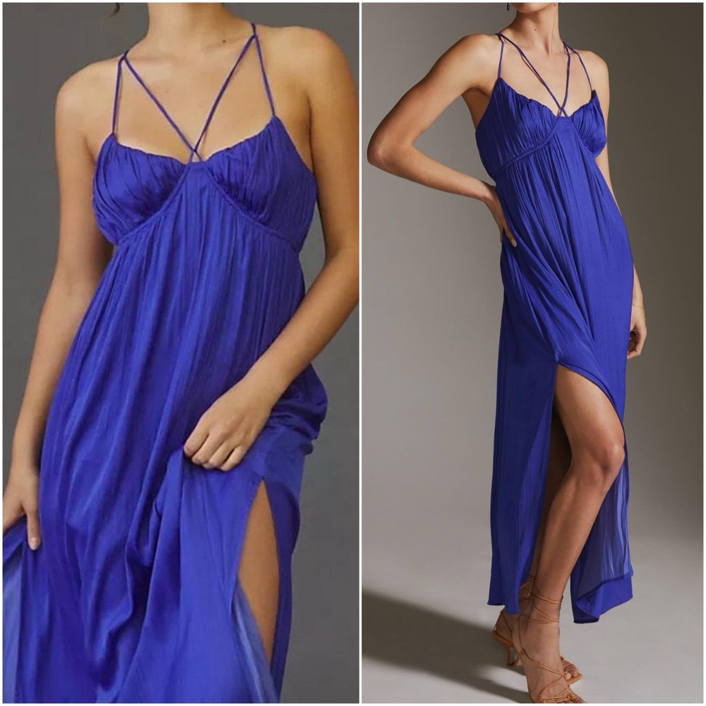 Anthropologie Strappy Side-Slit Halter Pleated Purple Maxi Dress